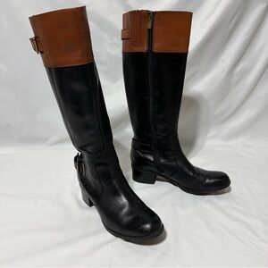 Bandolino Black Leather Riding Boots w/ Brown Leather Cuff & Buckle Accents sz 7